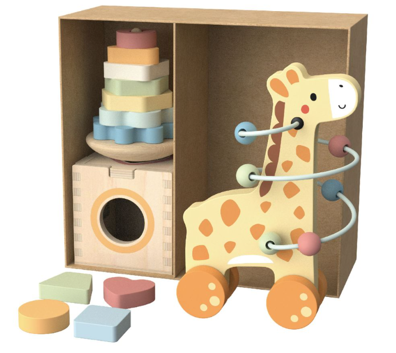 TookyToy - 3-in-1 Wooden Gift Set - Giraffe Pull-Along, Stacking Tower and Shape Sorter