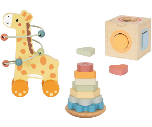TookyToy - 3-in-1 Wooden Gift Set - Giraffe Pull-Along, Stacking Tower and Shape Sorter